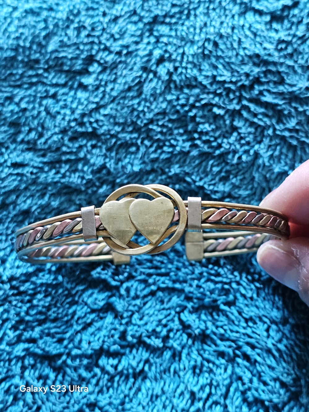 Gold-Tone Double Heart Bangle Bracelet - Gold and Rose Accents